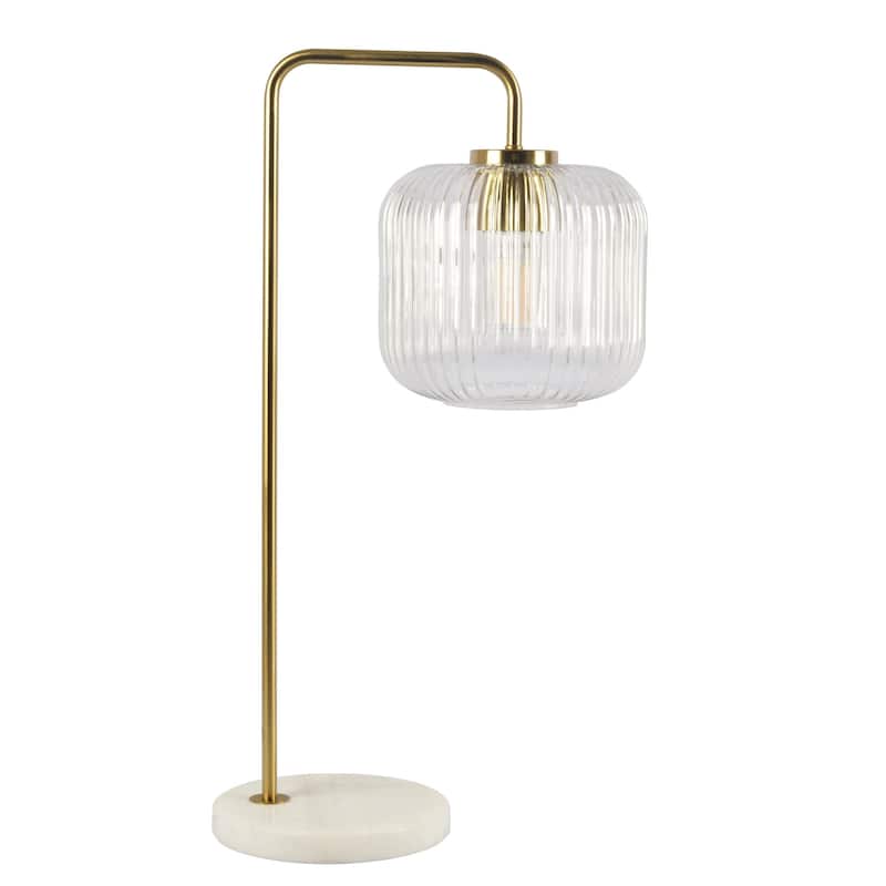 Glass Table Lamp with Gold Brush Metal and Marble Base, Button Control, 23-Inch Height