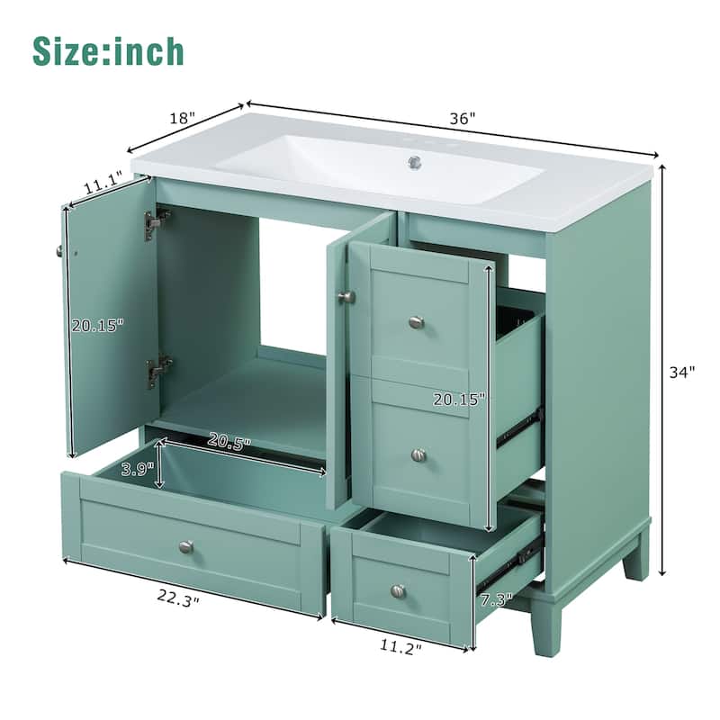 36 Inch Modern Bathroom Vanity with USB Charging, Two Doors and Three Drawers Bathroom Storage Vanity Cabinet