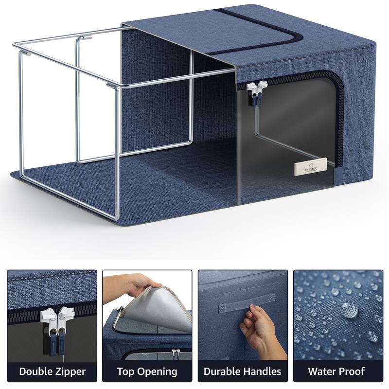 Sorbus Storage Bins with Metal Frame Stackable Foldable Clothes Organizer Bags Oxford Fabric & Clear Window & Handles- 4Pk