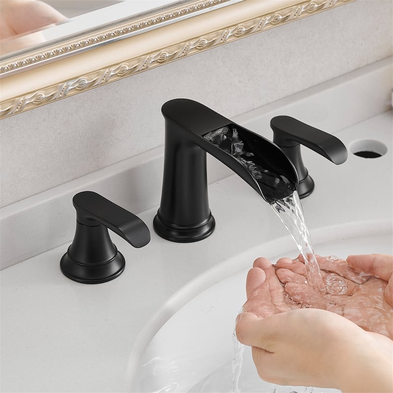 8 Inch Widespread Waterfall Bathroom Faucet with Pop-up Drain Kit Brass Double Handle Modern Bathroom Sink Vanity Faucets