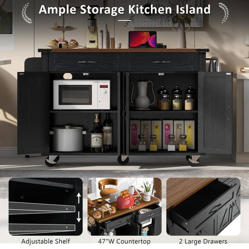 53.5" Rolling Farmhouse Kitchen Island Cart with Drop Leaf, Charging Station, Storage Cabinet, Spice Rack, and Drawer