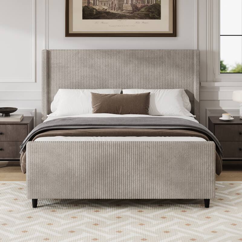 King Size Corduroy Upholstered Platform Bed with Vertical Stripe Wingback and High Footboard