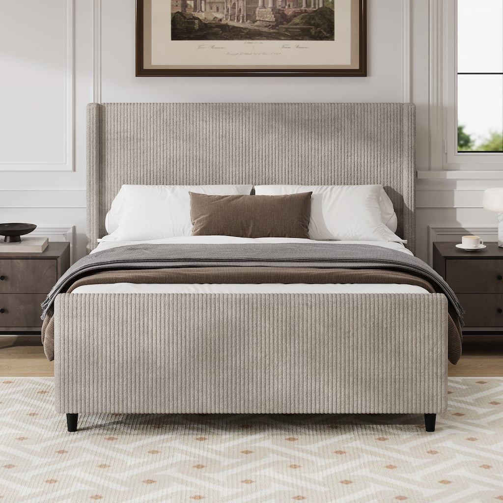 Queen Size Corduroy Upholstered Platform Bed with Vertical Stripe Wingback and High Footboard