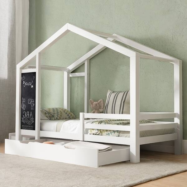 slide 2 of 7, Twin House Kids Bed Frame with Blackboard & Drawers, Two Assembly Methods, White White