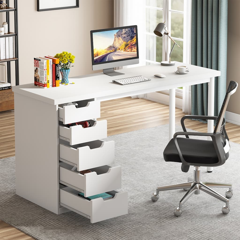Modern Computer Desk with 5 Reversible Drawers, Storage Home Office Desk, PC/Laptop Desk, Study Writing Table Workstation
