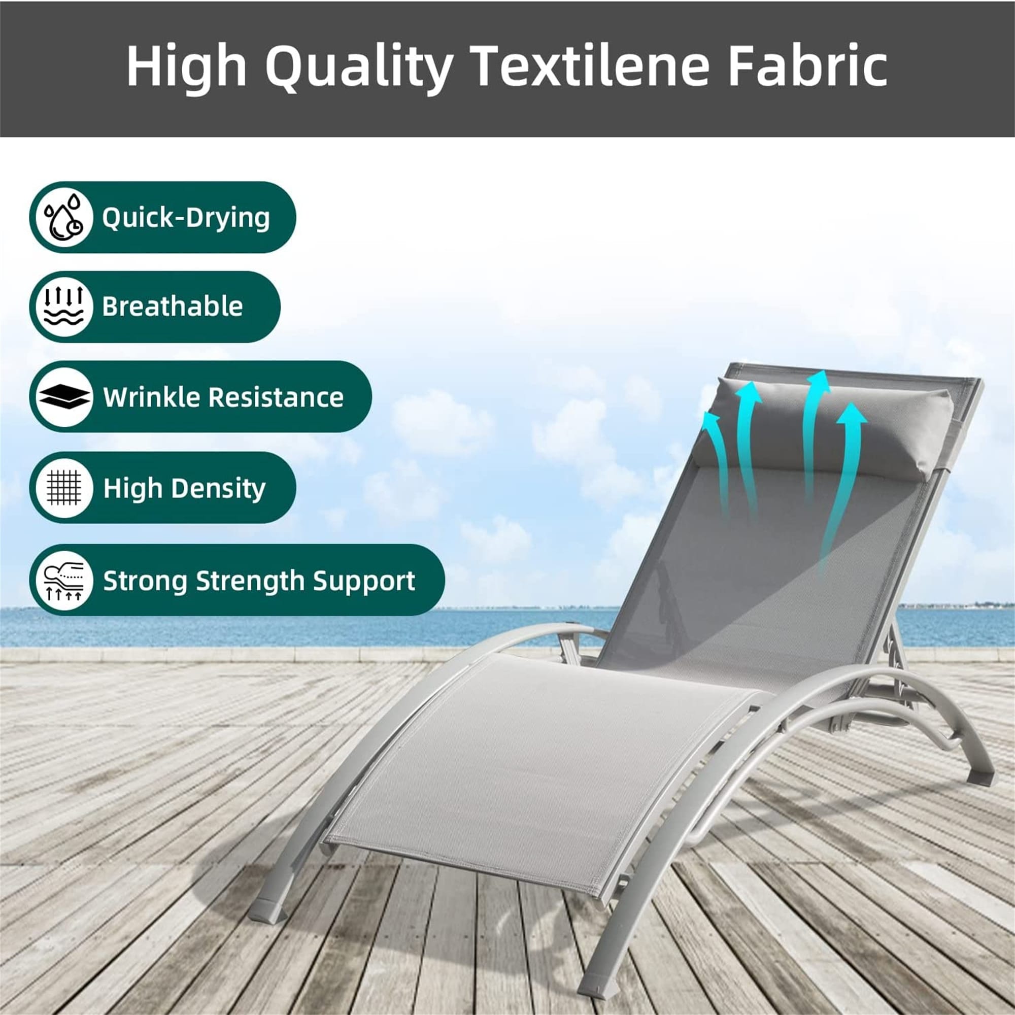 Rustproof Chaise Lounge Chairs Set of 3, Curved Adjustable Outdoor Reclining Chair with Removable Pillow & Side Table