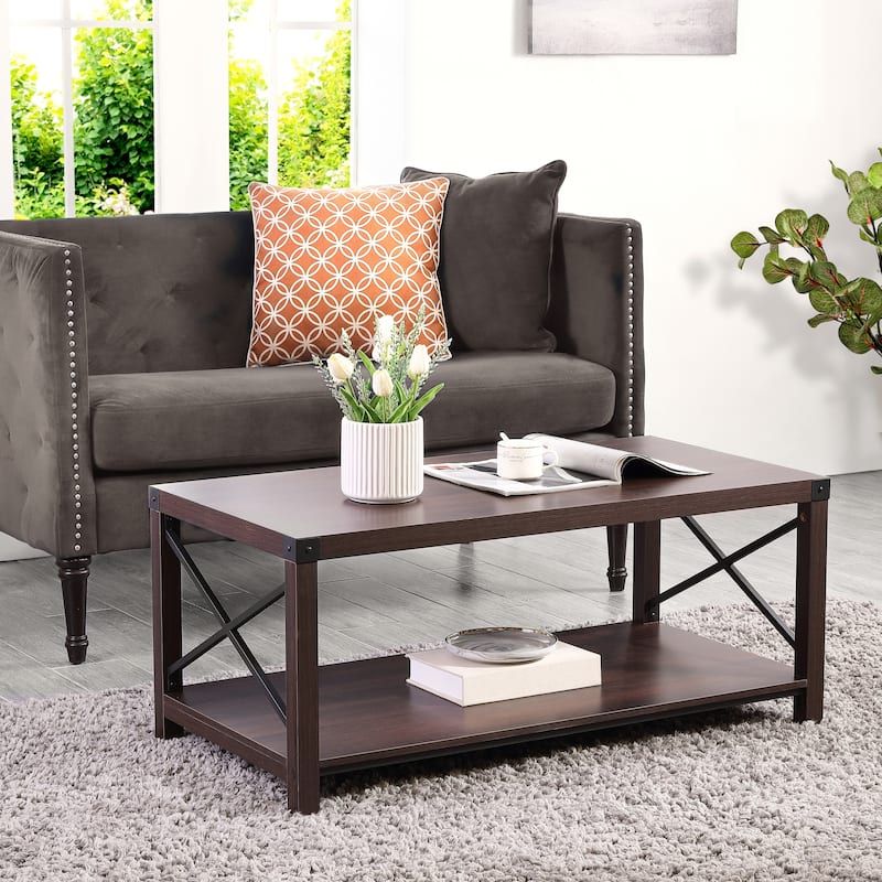 Ledel 39-in Rustic Wood Coffee Table with Storage Shelf