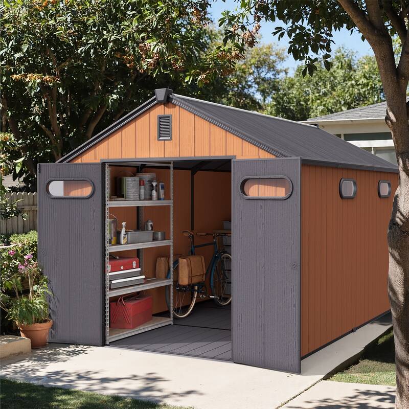 All-Weather Lockable Door Resin Outdoor Storage Shed with Window Floor for Patio Furniture and Tools