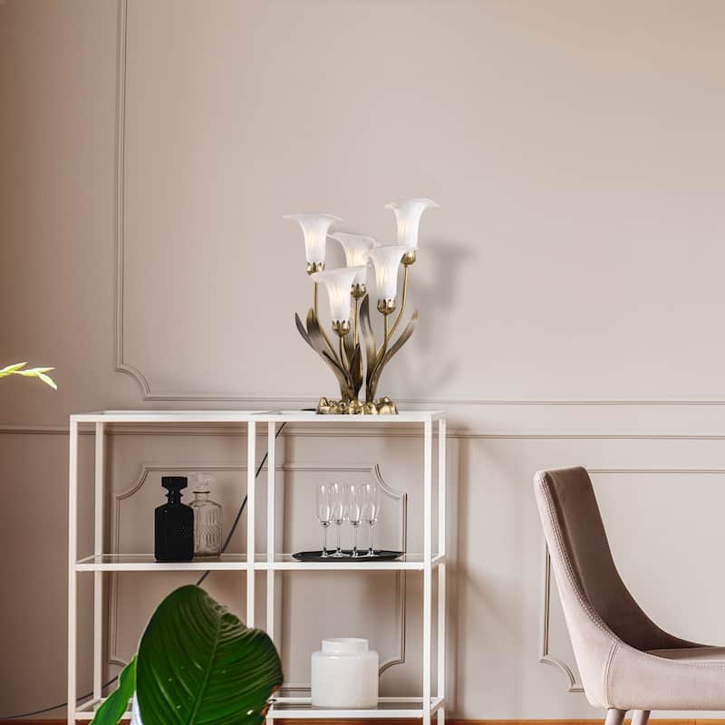 20-inch Antique Brass and Hand Blown Glass 5 Calla Lily Uplight Accent Lamp - 15" x 14" x 20"