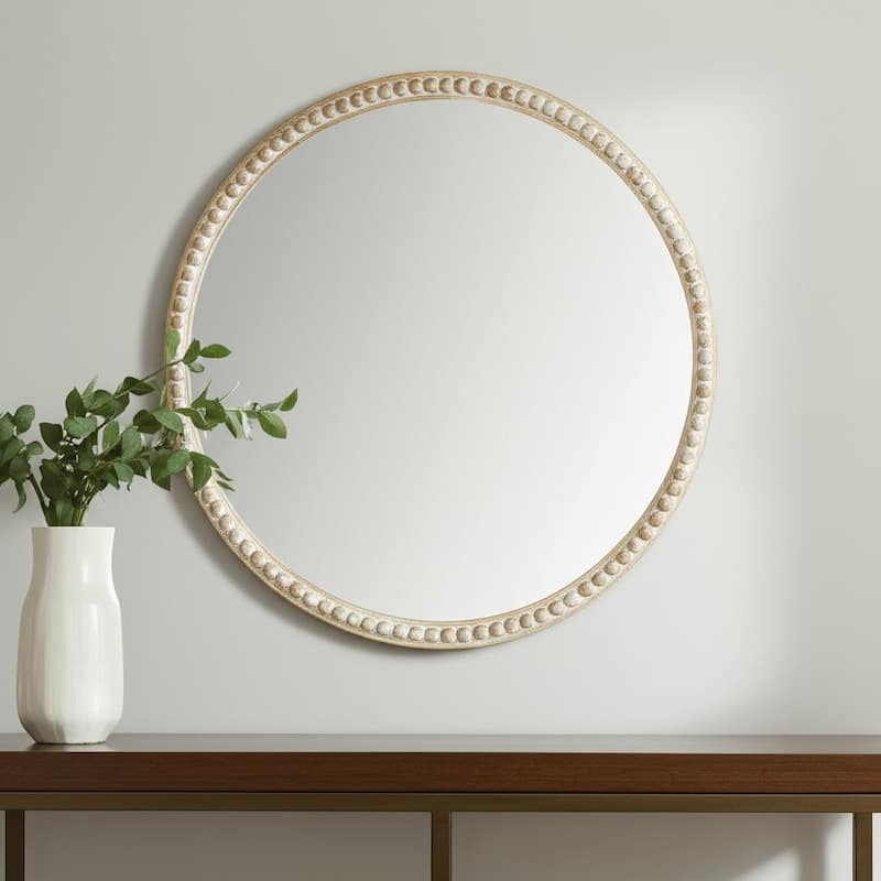 HomeRoots 30" Natural Solid Wood Beaded Round Framed Accent Mirror - 30.04 in. x 30.04 in. x 1.48 in. - 30.04 in. x 30.04 in.  x 1.48 in.