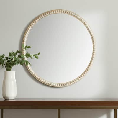 HomeRoots 30" Natural Solid Wood Beaded Round Framed Accent Mirror - 30.04 in. x 30.04 in. x 1.48 in.