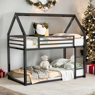 Twin over Twin House Bunk Bed with Built-in Ladder for Home