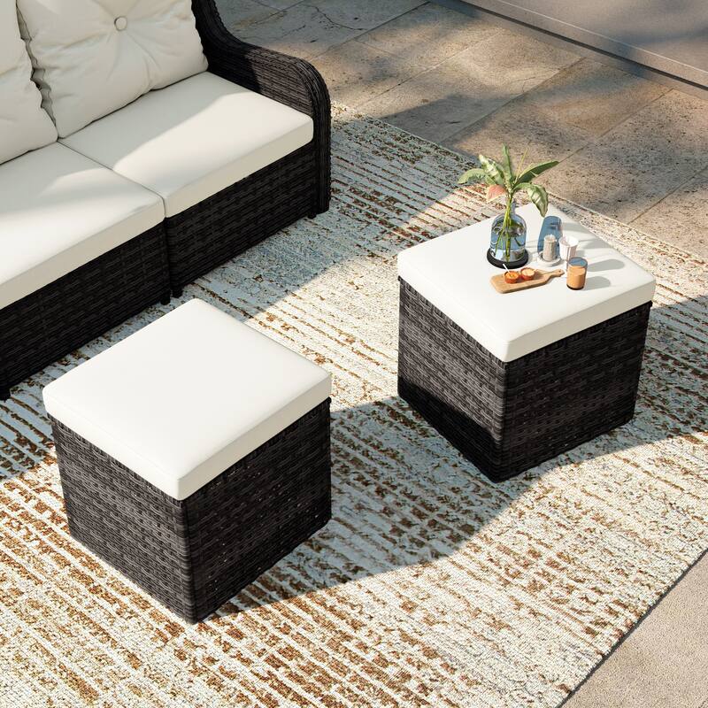 Outdoor Wicker Square Storage Ottoman with Plush Cushion(Set of 2)