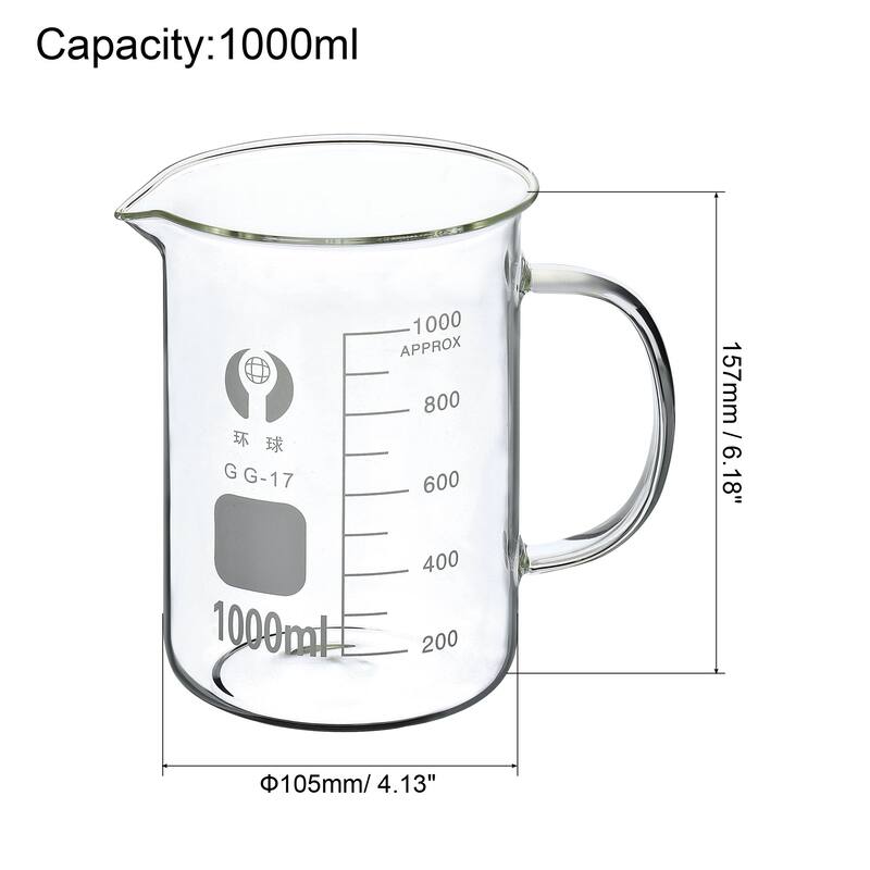 1000ml Glass Beaker with Handle, 3.3 Borosilicate Lab Measuring Cups - Clear