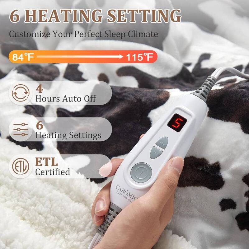 Cow Print 10 Heat Levels Electric Heating Blanket, Machine Washable, Brown+White