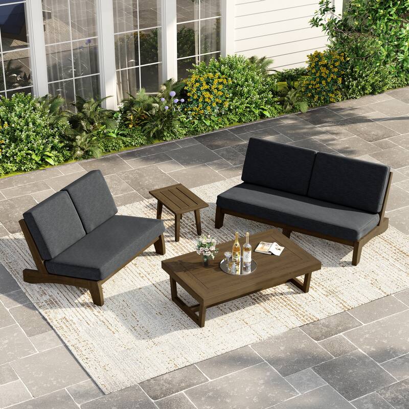 Casual Teak Outdoor Patio Conversation Set with Cushioned Sofa Loveaseat - Natural Wood - Dark Grey-4 Piece