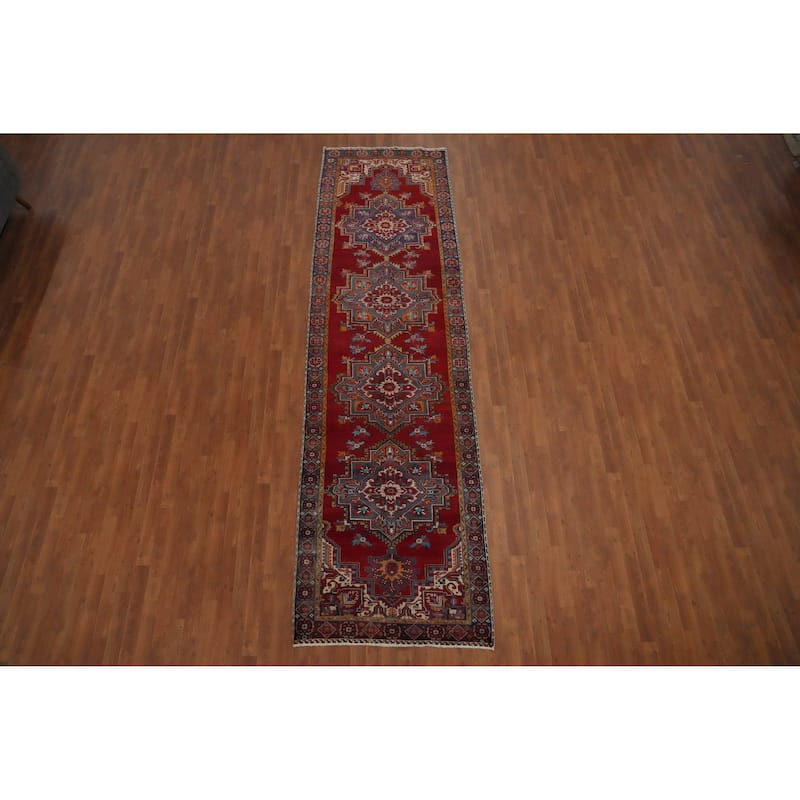 Hand Knotted Oriental 100% Wool Carpet Traditional Geometric Red Tabriz Runner Rug - 13' 7'' X 3' 8''