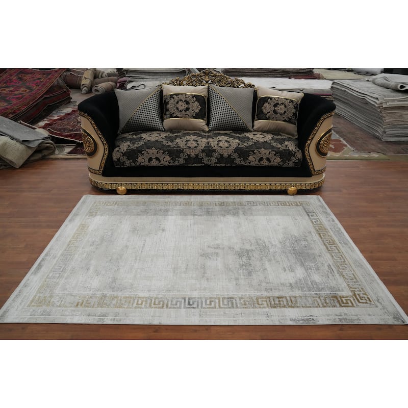Machine Made Oriental Polyester Carpet Bordered Greys & Charcoal Distressed Area Rug - 7' 5'' X 5' 2''