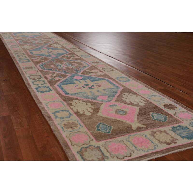 Hand Knotted Oriental 100% Wool Carpet Transitional Geometric Brown Oushak Runner Rug - 16' 1'' X 3' 5''