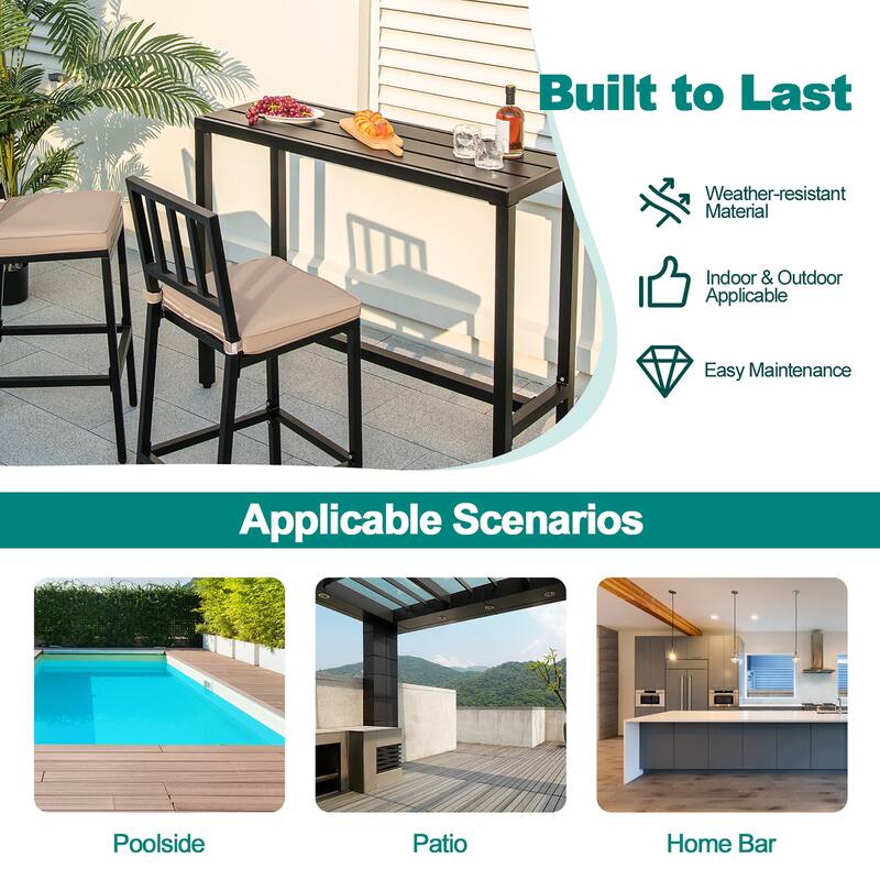 Costway 3PCS Outdoor Metal Bar Table & Chairs Set Patio Dining Table