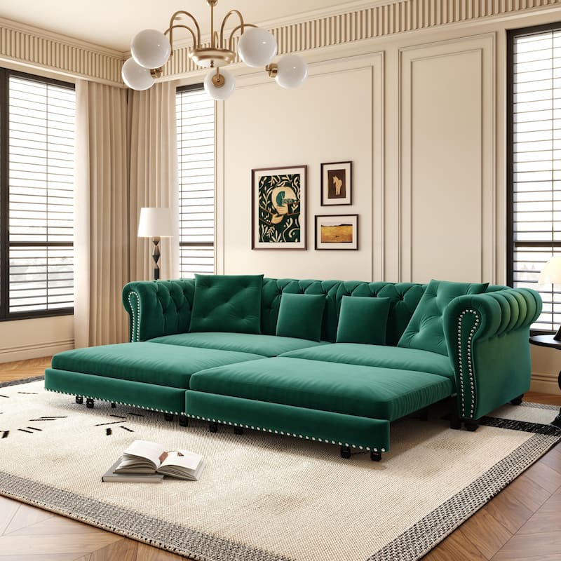 Oversized Chesterfield Loveseat Sofa, Convertible Pull Out Sleeper Sofabed Velvet Couch Bed w/Movable Ottoman and Nailhead Trim