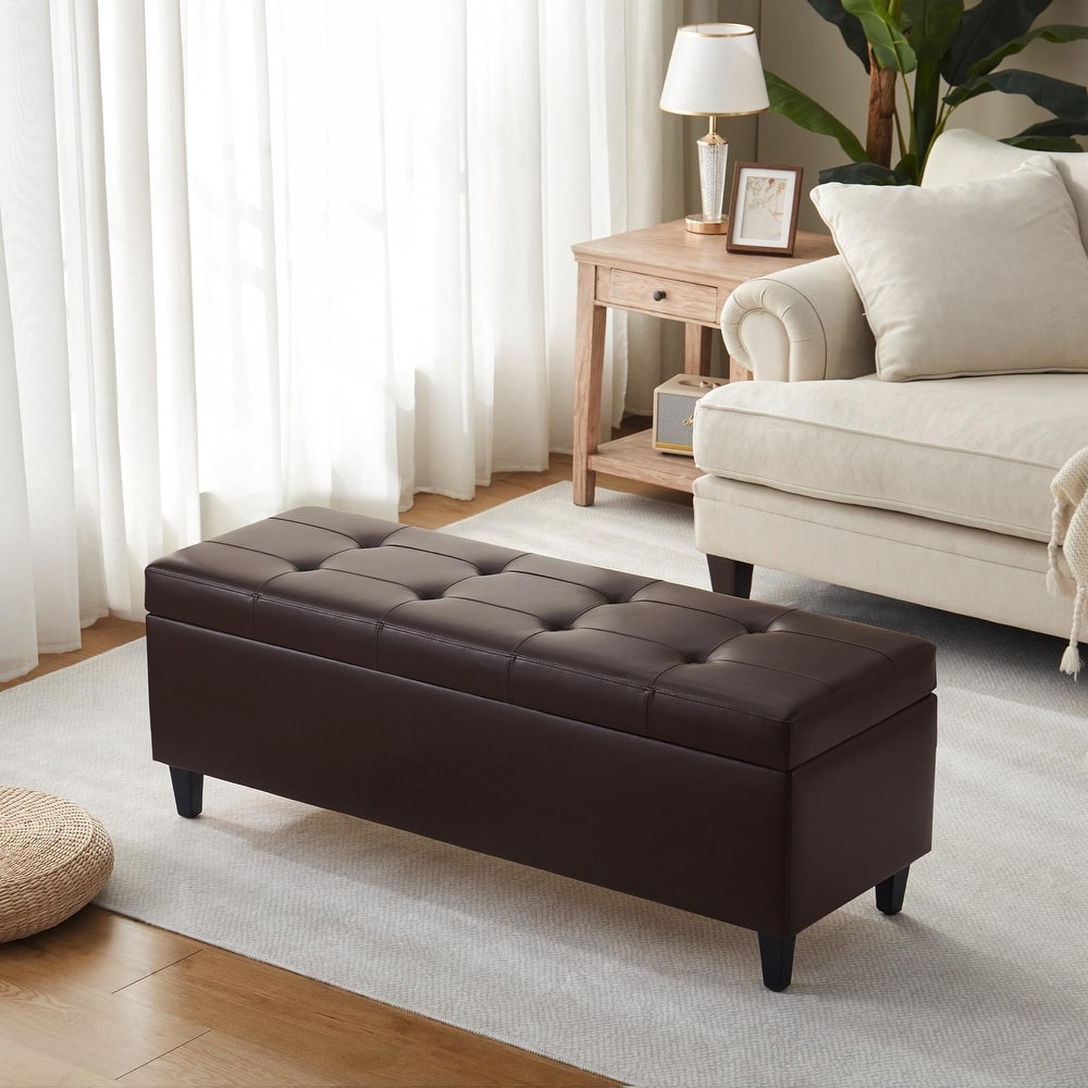 Black Faux Leather Storage Bench, Modern Ottoman Entryway Bench with Hidden Compartment for Bedroom or Living Room