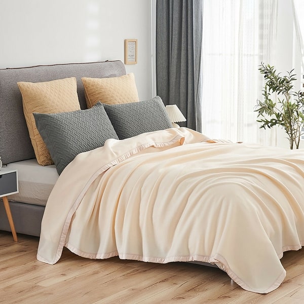 Satin Fleece Blanket Satin Binding Edges Throw Almond Cream Bed Bath