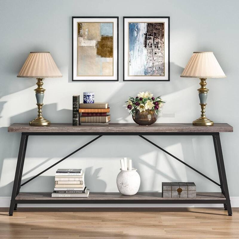 Heavy Duty 70-inch Industrial Brown Wood Top Sofa Table with White Metal Frame