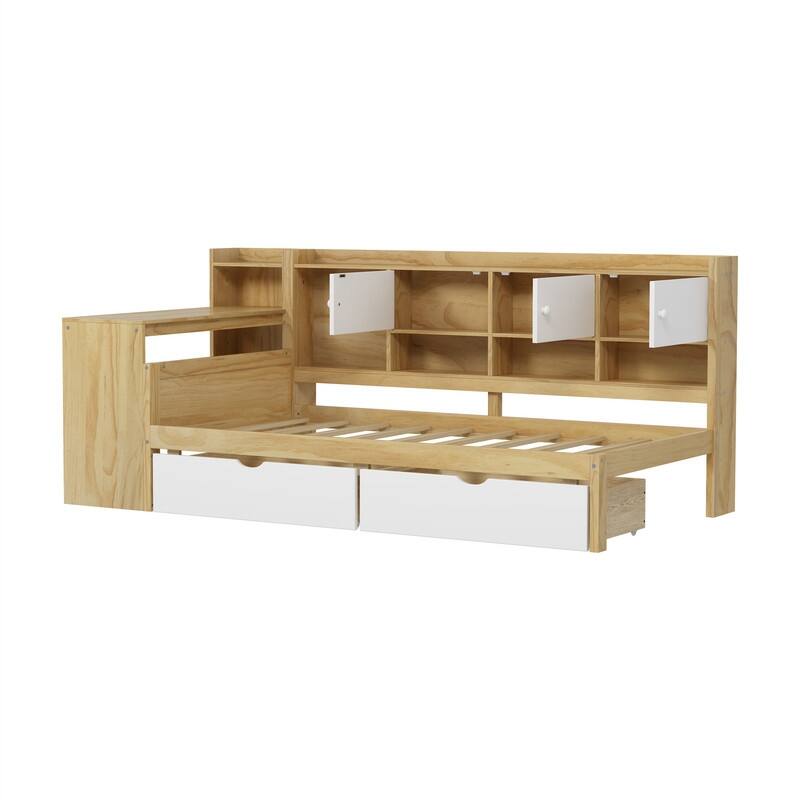 Wooden Daybed with 2 Storage Drawers and Study Desk, Twin/Full Size Daybed Frame Sofa Bed with Storage Shelves and Cabinets