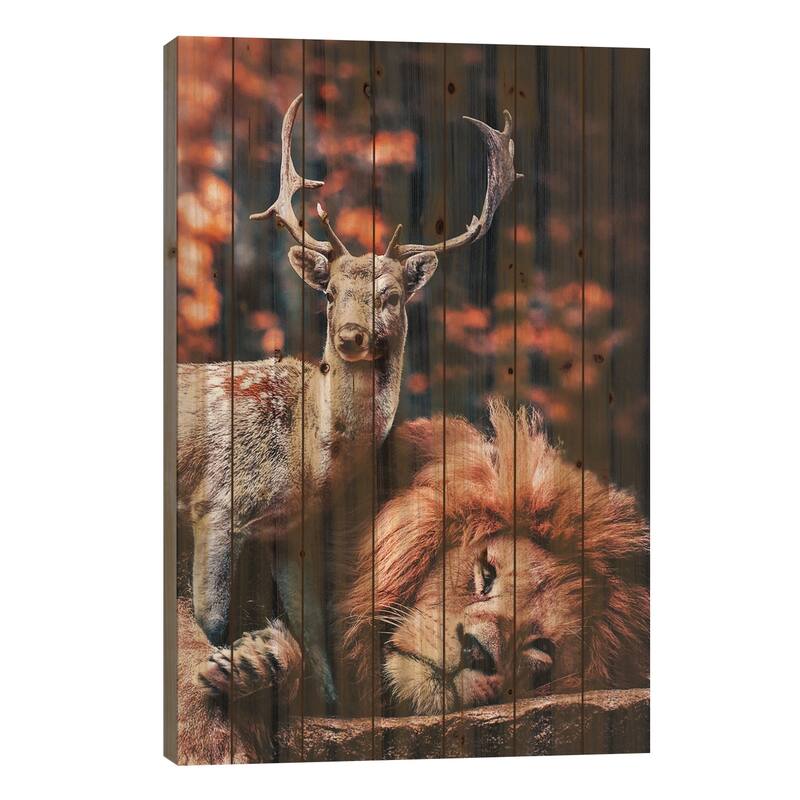 The Lion Is The Friend Of The Deer Print On Wood by Adrian Vieriu - Multi-Color - 26x18x1.5