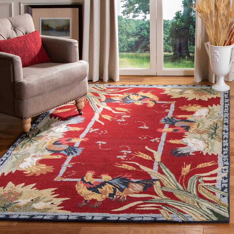 SAFAVIEH Handmade Chelsea Yauheniya French Country Rooster Wool Rug - 3'9" x 5'9" - Burgundy