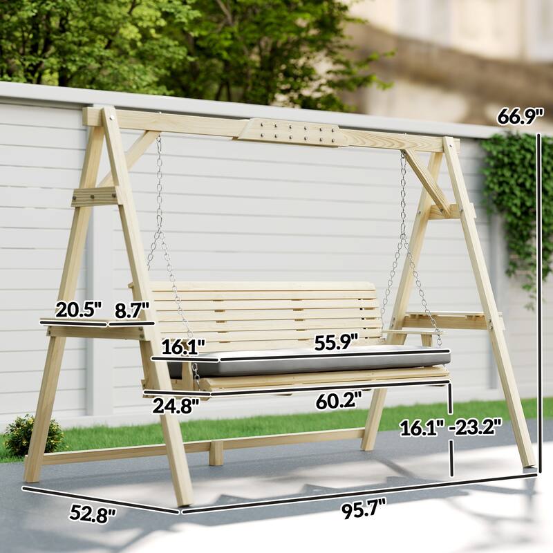 Outsunny 3 Seat Porch Swing with Stand, Wooden Patio Swing Chair with Cushion, Side Trays and Metal Chains