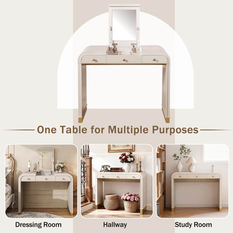 Curved Makeup Table Vanity Desk with Flip Mirror, 3-in-1 Dressing Table with 2 Drawers