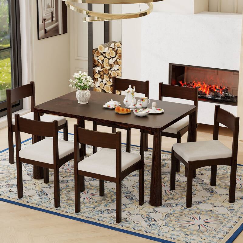 Retro 7-Piece Dining Table Set for 6 with Cushioned Seats and Exposed Tapered Legs by Harper&Bright Designs