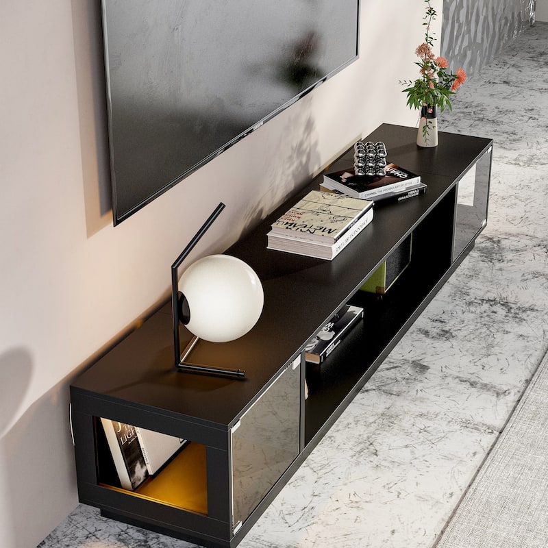 Modern Black Fireplace TV Stand Combo,Remote Fireplace Heater,2 Drawers,Light Strip & USB