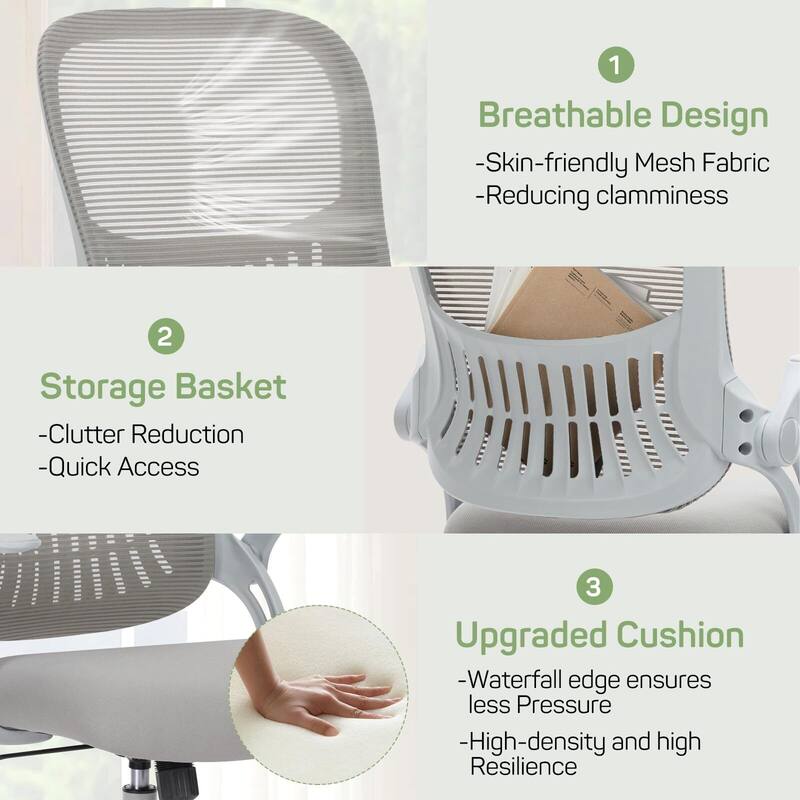 Mesh Adjustable Height Ergonomic Office Chair Mid-Back Swivel Rolling with Flip-up Armrests - N/A