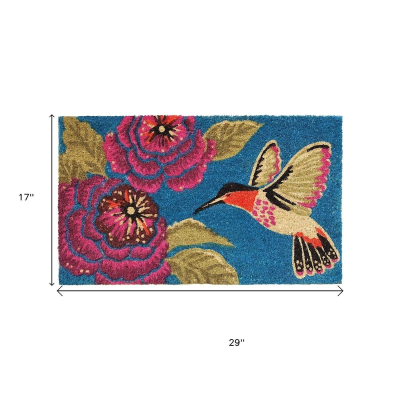 HomeRoots 17" X 29" Blue Pink And Green Hummingbird Outdoor Coir Door Mat - 17' X '29