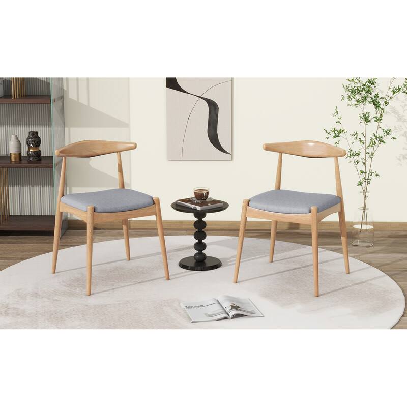 Roomfitters Set of 2 Solid Rubberwood Dining Chairs with Arched Ergonomic Backrest and Padded Cushions, Natural & Gray