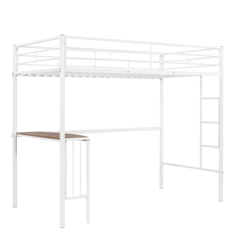 Twin Metal Loft Bed with Desk, Ladder and Guardrails, Loft Bed for Bedroom, White