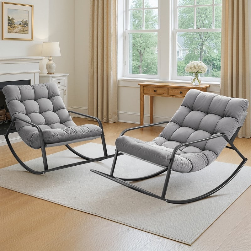 FINCATI Indoor Rocking Papasan Chair, Cushioned Papasan Rocking Chair, Metal Rocker with Cushions, 450 lbs Lounge Rocker - 2 PCS-Light Grey