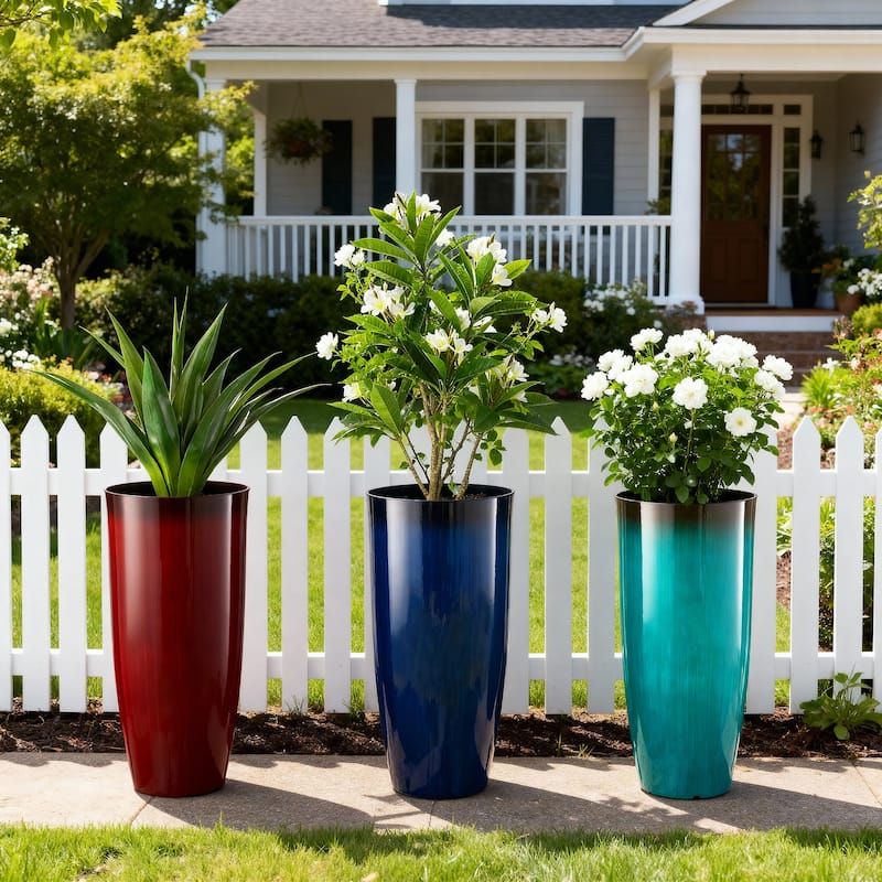 Glitzhome 30"H Set of 2 Oversized Gradient Cobalt Blue/Turquoise/Red Tall Plastic Planter