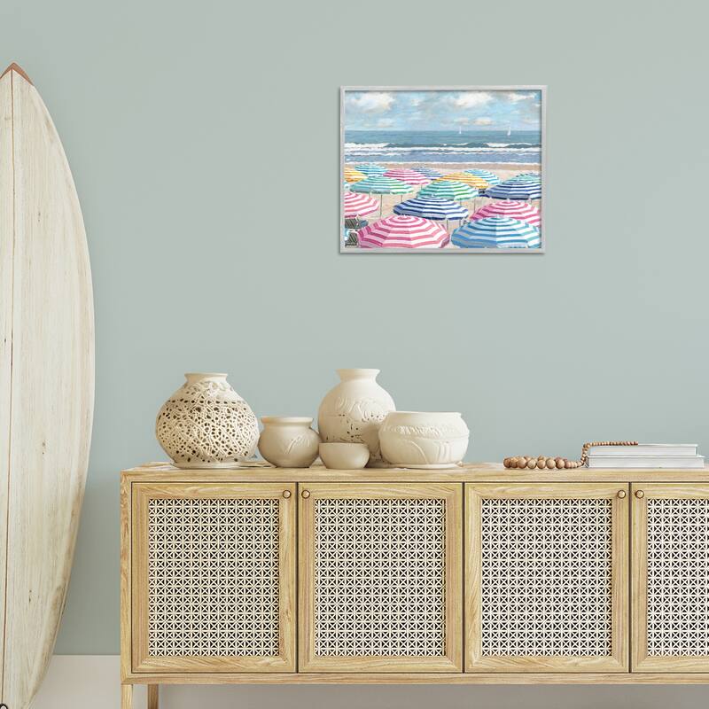 Stupell Shore with Bright Umbrellas Framed Giclee Art Design By Amber Sterling