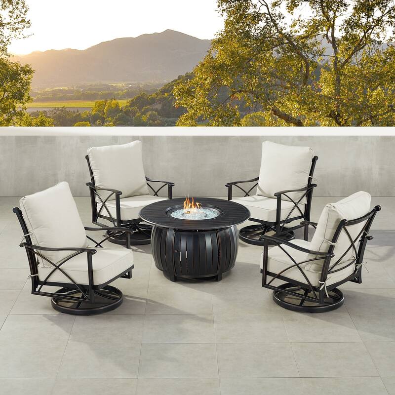 Black Aluminum Fire Table Set with Four Club Chairs - Light Grey