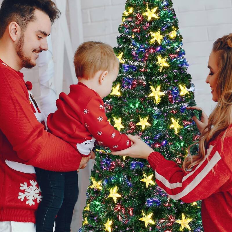 7FT Pre-lit Fiber Optic Christmas Tree with Large Stars, Artificial Xmas Tree Spruce Tree Green Tree with Metal Stand