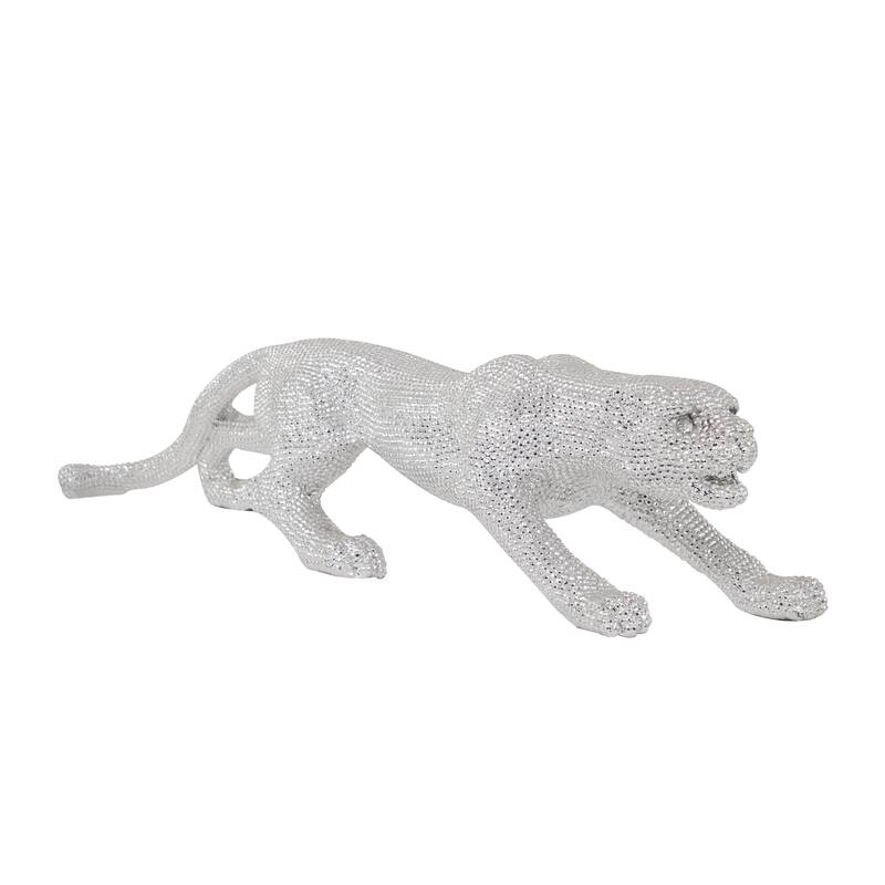 Polystone Leopard Floor Decorative Sculpture with Carved Faceted Diamond Exterior - Silver or Black - Roche River Decor - Silver - 42"W, 11"H
