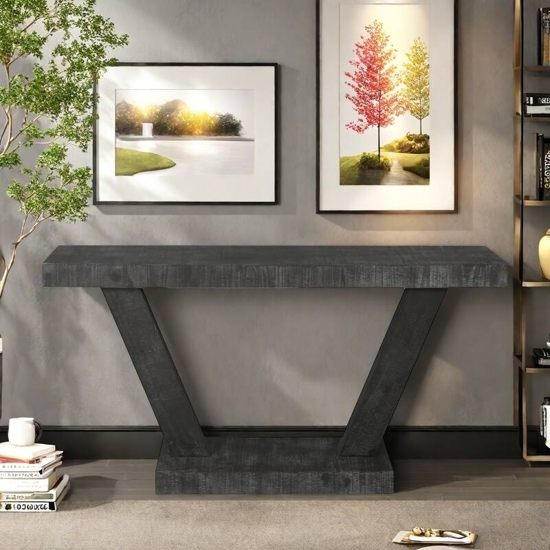 59.8" MDF Console Table with 2-Tier Solid Wood Veneer Storage Cabinet - Antique Black