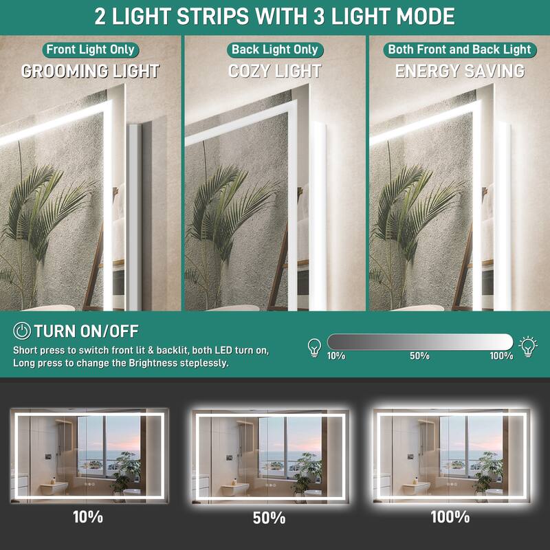 Durx-litecrete Rectangular Frameless Wall Mount 3 Colors Dimmable Anti-fog LED Bathroom Vanity Mirror