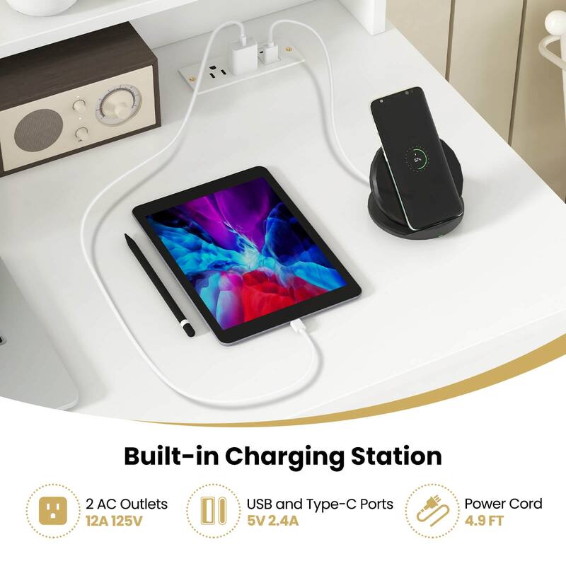 Costway White Computer Desk with Charging Station Drawer Removable & - See Details
