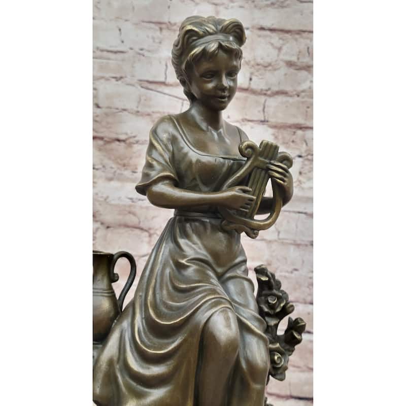 Classical Young Girl W/ Lyre Harp- Greek Roman Decor Bronze Sculpture By Milo