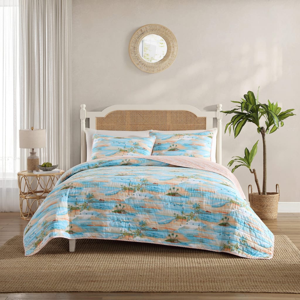 Tommy Bahama Bon Voyage Tropical Island Reversible Cotton Quilt (Blue, 3 Piece Set)